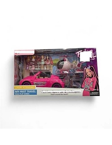 Fashion Fever Girls' Pink Toy Playset with Sports Car, Helicopter, Mini Dolls, Furniture Accessories