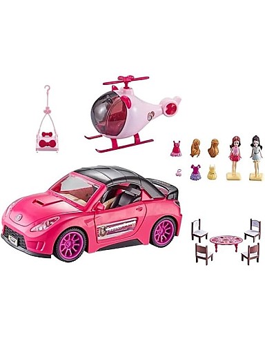 Fashion Fever Girls' Pink Toy Playset with Sports Car, Helicopter, Mini Dolls, Furniture Accessories