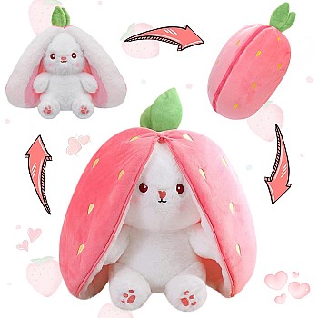 MIAODAM Bunny Stuffed Animal Reversible Cuddle Bunny Stuffed, Strawberry Rabbit 7 inch Plush Zipper, Carrot That Turns Into Ears Bunnies Plushies Toy Cute Stuffy Doll Easter Gift