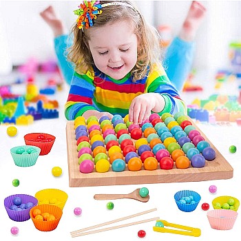 Meiruier Rainbow Puzzle, Montessori Toy from 2 3 4 Years, Wooden Clip Beads Board Game, Montessori Board Game, Wooden Puzzle, Rainbow Bead Game, Early Education Puzzle Board Game