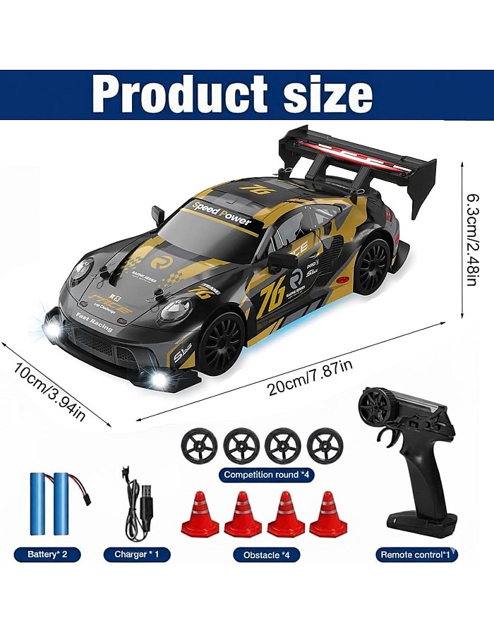 TOYS LAND 1:24 Scale RC Drift Car, 2.4GHz Remote Control Car, 20KM/H High Speed 4WD Racing RC Cars, Extra Tires, LED Lights, 2 Rechargeable Batteries, Sport Vehicle Toy for Adults kids Boys 8+ (Black)