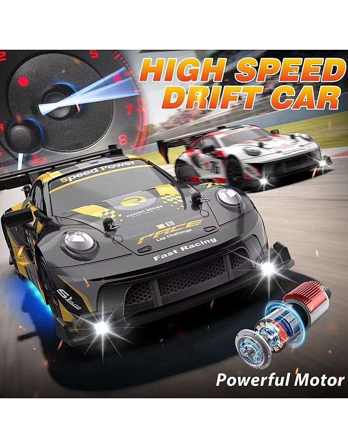 TOYS LAND 1:24 Scale RC Drift Car, 2.4GHz Remote Control Car, 20KM/H High Speed 4WD Racing RC Cars, Extra Tires, LED Lights, 2 Rechargeable Batteries, Sport Vehicle Toy for Adults kids Boys 8+ (Black)