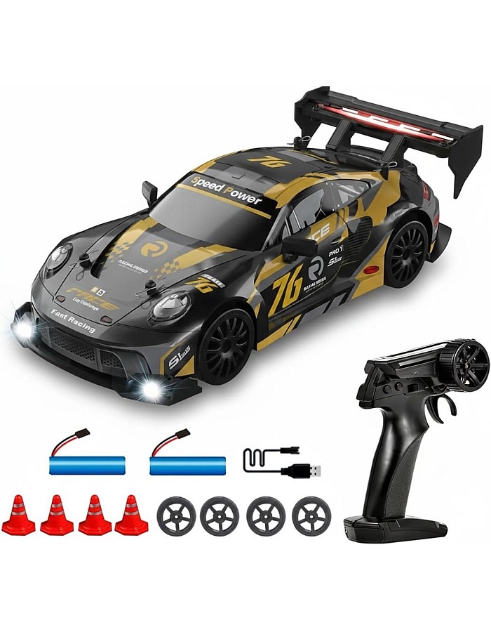 TOYS LAND 1:24 Scale RC Drift Car, 2.4GHz Remote Control Car, 20KM/H High Speed 4WD Racing RC Cars, Extra Tires, LED Lights, 2 Rechargeable Batteries, Sport Vehicle Toy for Adults kids Boys 8+ (Black)