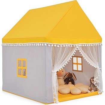 COSTWAY Children's Play House - Princess Tent with Wooden Frame & Cotton Blanket - 120 x 105 x 140cm - For Kids & Unisex - Pink/Blue/Grey/Beige