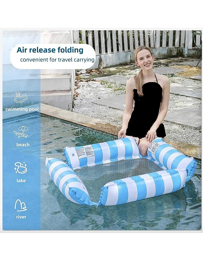 Inflatable Pool Float Lounger, Striped Blue and White, Water Hammock with Headrest, Arm Floaties