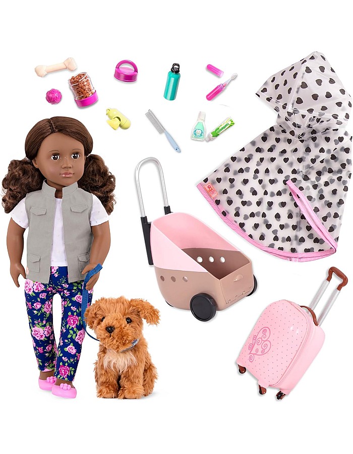 Our Generation Malia & Passenger Pets Bundle 18 inches Fashion Doll & Pet Travel Set boy toys, girl toys, birthday gift, Christmas gift, growth, fun, for kids.