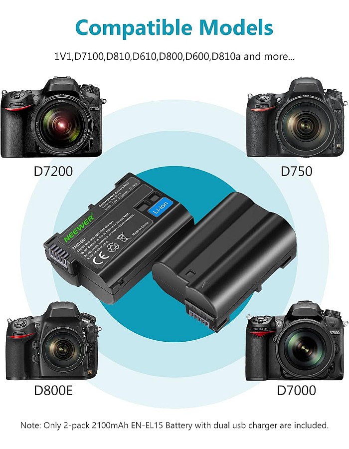 نيوير طقم شاحن بطارية EN-EL15 متوافق مع نيكون Z5، Z6، Z6 II، Z7، Z7II، D780، D850، D7500، 1V1، D500، D750، D800، D7000، D7100، D7200 (قطعتان، 2100 mAh). )، )، . 8 UK