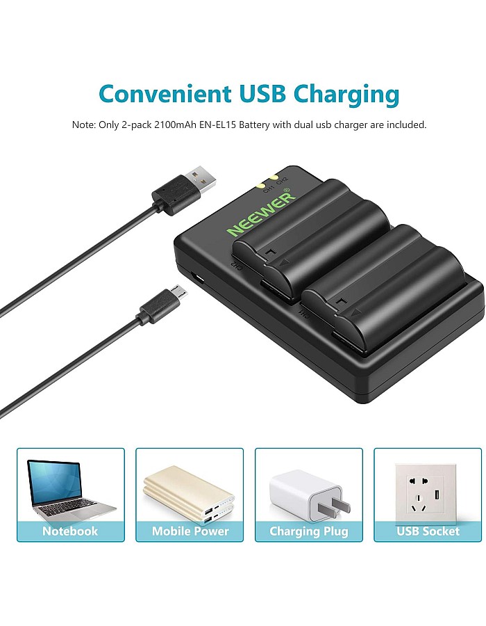 نيوير طقم شاحن بطارية EN-EL15 متوافق مع نيكون Z5، Z6، Z6 II، Z7، Z7II، D780، D850، D7500، 1V1، D500، D750، D800، D7000، D7100، D7200 (قطعتان، 2100 mAh). )، )، . 8 UK