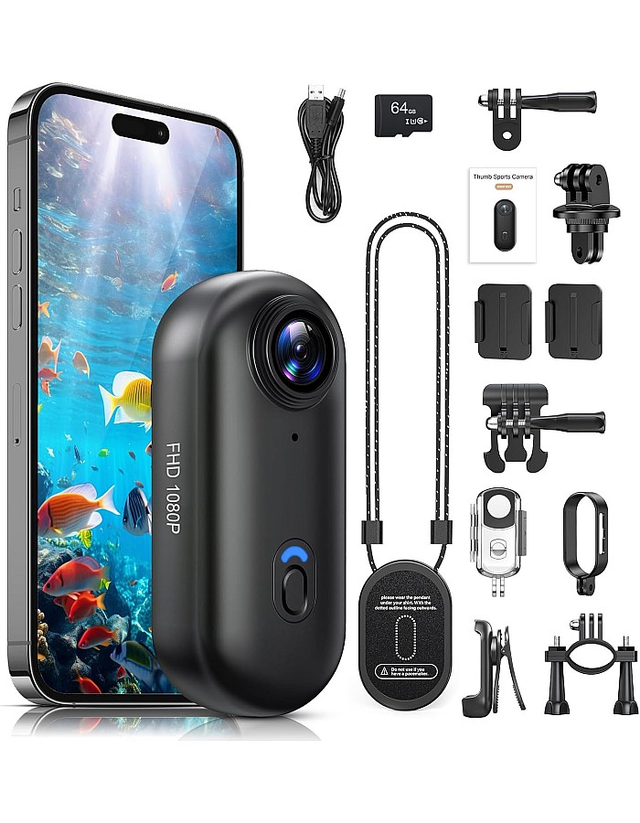 Poat Action Camera, Mini Pov Camera for vlogging, IPX7 Waterproof, Body Camera with 120° Wide Angle, POV Recording for Diving, 10+ Accessories – Helmet Cam for Motorcycle, Cycling (64G-Card)