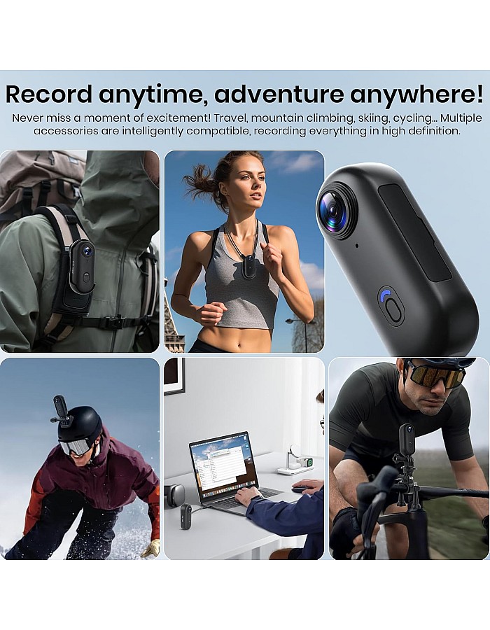 Poat Action Camera, Mini Pov Camera for vlogging, IPX7 Waterproof, Body Camera with 120° Wide Angle, POV Recording for Diving, 10+ Accessories – Helmet Cam for Motorcycle, Cycling (64G-Card)