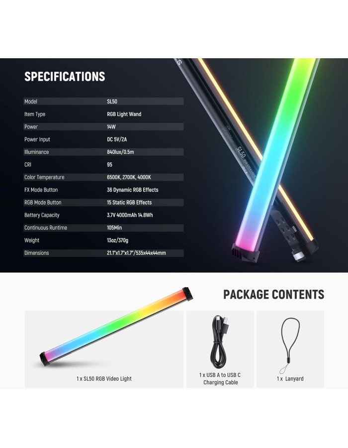NEEWER Basics 21" Magnetic RGB Light Wand, CRI95 Dimmable 14W LED Handheld Video Tube Lighting Stick with 51 RGB Modes, 4000mAh Battery for YouTube TikTok Recording Studio Photography Streaming, SL50