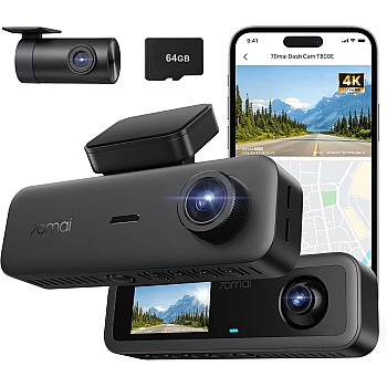 70mai T800E 3 Channel Dash Cam Front Rear + Inside, 4K+1080P+1080P Car Dash Camera with Free 64GB, GPS, Wi-Fi 6, Voice Control, 24/7 Parking, Night Vision, Loop Recording, Supercapacitor Support 512GB