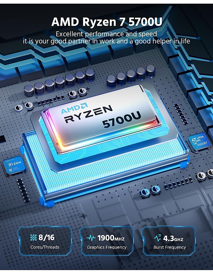 كمبيوتر ألعاب صغير من كامروي AM02Pro AMD رايزن 7 5700U 8C &&& 16T حتى 4.4 جيجاهرتز - رام 16 جيجابايت DDR4 و - مستديمة 512 جيجابايتM.2 2280 NVME SSD بقناة مزدوجة 4K يدعم