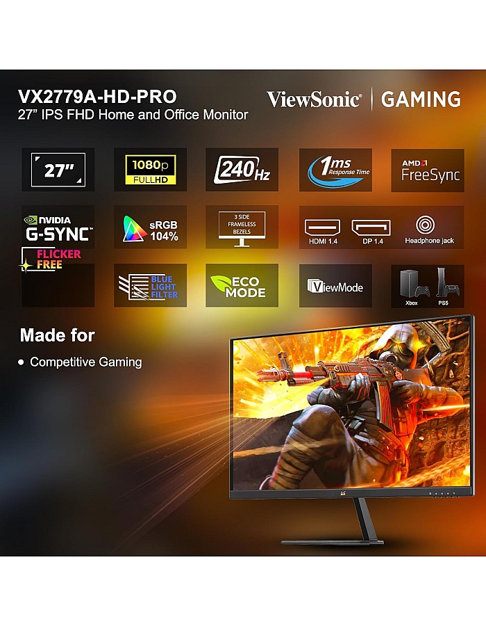 فيوسونيك شاشة العاب VX2779A-HD-PRO 27 انش FHD 240Hz استجابة 1 مللي ثانية AMD فري سينك متوافقة مع انفيديا جي سينك | HDR10 | خالية من الوميض | فلتر ضوء ازرق | ضم