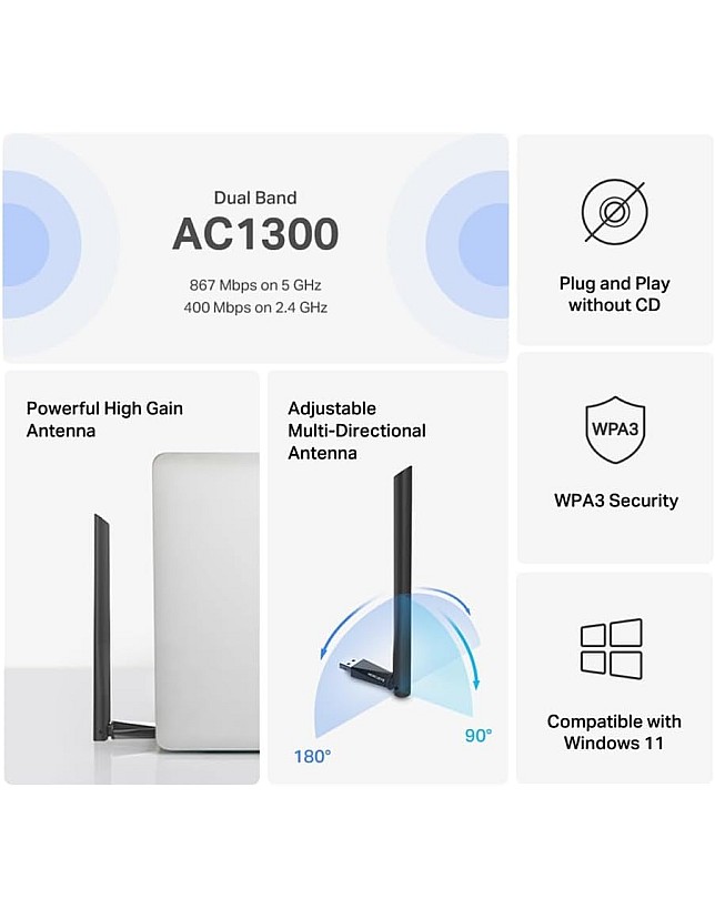 مهايئ واي فاي قوي MA30H تي بي لينك AC1300Mbps من ميركوسيس، محول واي فاي USB، هوائيات عالية الكسب، دونجل واي فاي، نطاق مزدوج، MU-MIMO، خاصية التوصيل وا