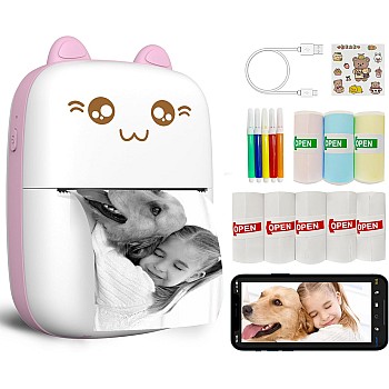 Mini Printer Portable, Inkless Sticker printer, Bluetooth Wireless mini thermal printer Compatible with iOS + Android for Journal, Memo, Photo, Print Pod Gifts for Girls Kids (Pink)