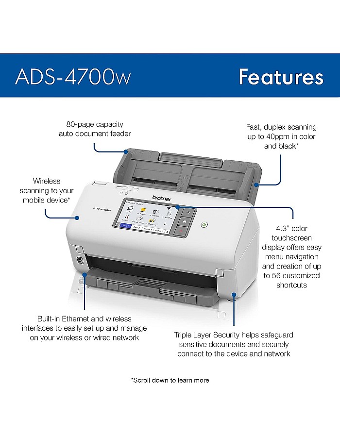 ماسح ضوئي احترافي لسطح المكتب من بروذر موديل ADS-4700W مع سرعات مسح سريع، دوبلكس، لاسلكي، مع شاشة لمس كبيرة
