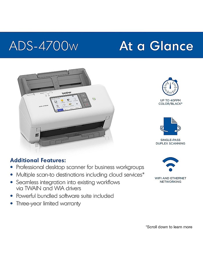 ماسح ضوئي احترافي لسطح المكتب من بروذر موديل ADS-4700W مع سرعات مسح سريع، دوبلكس، لاسلكي، مع شاشة لمس كبيرة