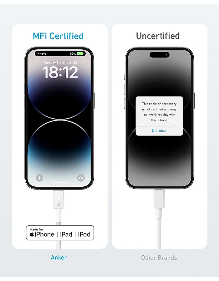 Anker 322 USB-C to Lightning Cable (Braided) 6ft,Charge an iPhone 14 Pro to 50% in just 30 minutes, MFi-Certified, 18 Months Warranty- White