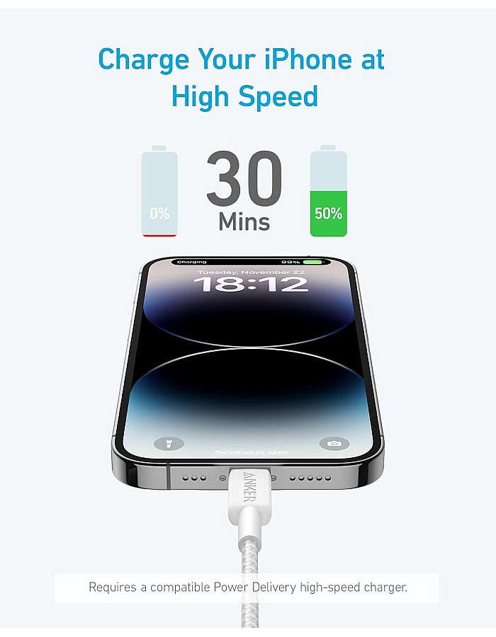 Anker 322 USB-C to Lightning Cable (Braided) 6ft,Charge an iPhone 14 Pro to 50% in just 30 minutes, MFi-Certified, 18 Months Warranty- White