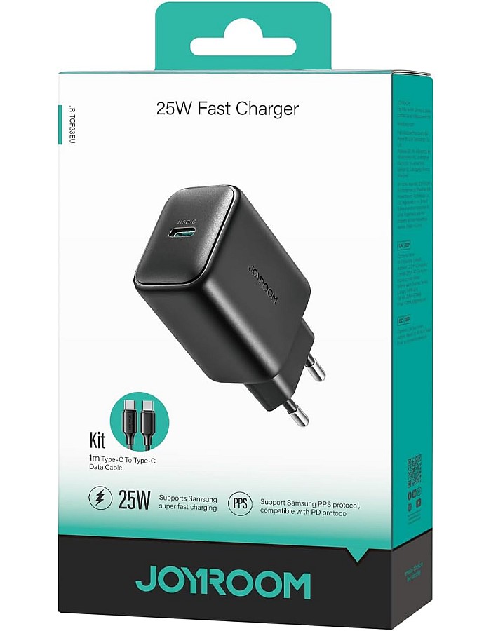 Joyroom JR‑TCF23 25 W USB‑C PD Fast Wall Charger with 1 m USB‑C to USB‑C Cable, Single Port Rapid Charging Adapter for Smartphones & Tablets - Black | 12-Month Warranty