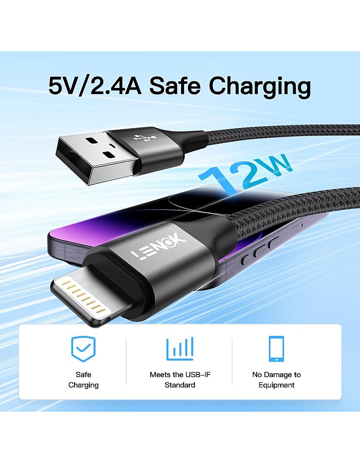 كابل شحن USB-A متوافق مع منفذ آيفون من لينوك، مغطى بالنايلون مزامنة البيانات لآيفون 14/13/12/11/X/XS/XR/8/8 بلس/SE (1 م)