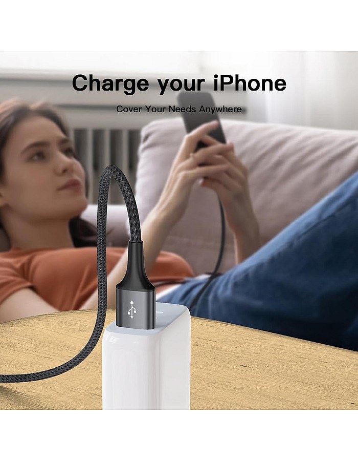 كابل شحن USB-A متوافق مع منفذ آيفون من لينوك، مغطى بالنايلون مزامنة البيانات لآيفون 14/13/12/11/X/XS/XR/8/8 بلس/SE (1 م)
