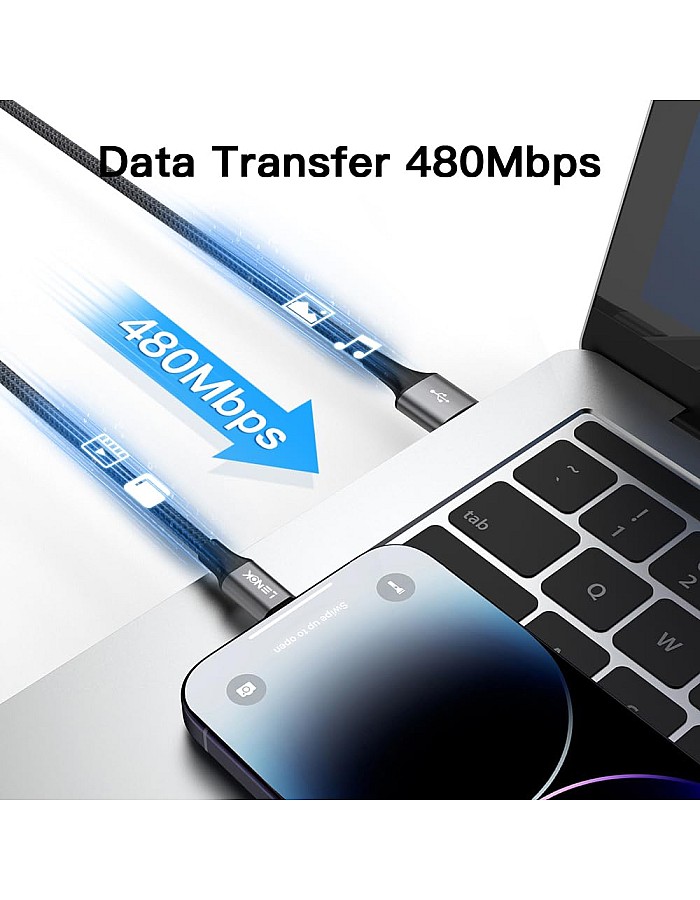 كابل شحن USB-A متوافق مع منفذ آيفون من لينوك، مغطى بالنايلون مزامنة البيانات لآيفون 14/13/12/11/X/XS/XR/8/8 بلس/SE (1 م)