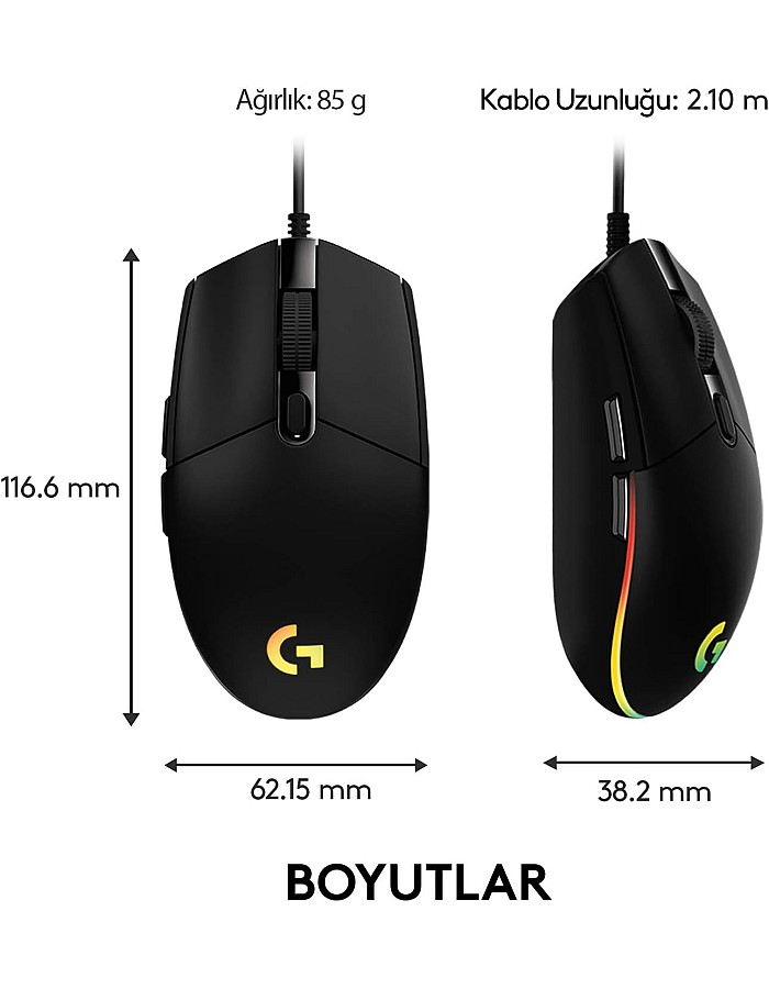ماوس العاب لايت سينك G102 بإضاءة RGB القابلة للتعديل، 6 ازرار قابلة للبرمجة، مستشعر بدرجة الالعاب، 8k نقطة في البوصة Dpi تتبع، 16.8 ملم اللون، خفي