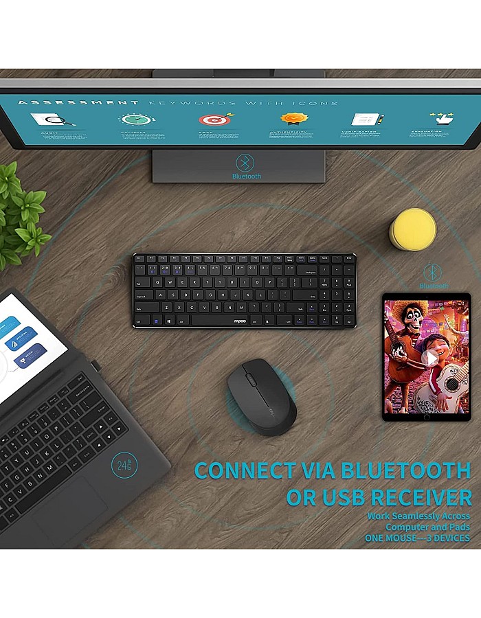 ماوس بلوتوث لاسلكي بتوصيل حتى 3 اجهزة وتصميم مريح بدون ضوضاء مع عمر بطارية طويل 9 اشهر لاجهزة لاب توب ماك بوك من رابو، لون اسود