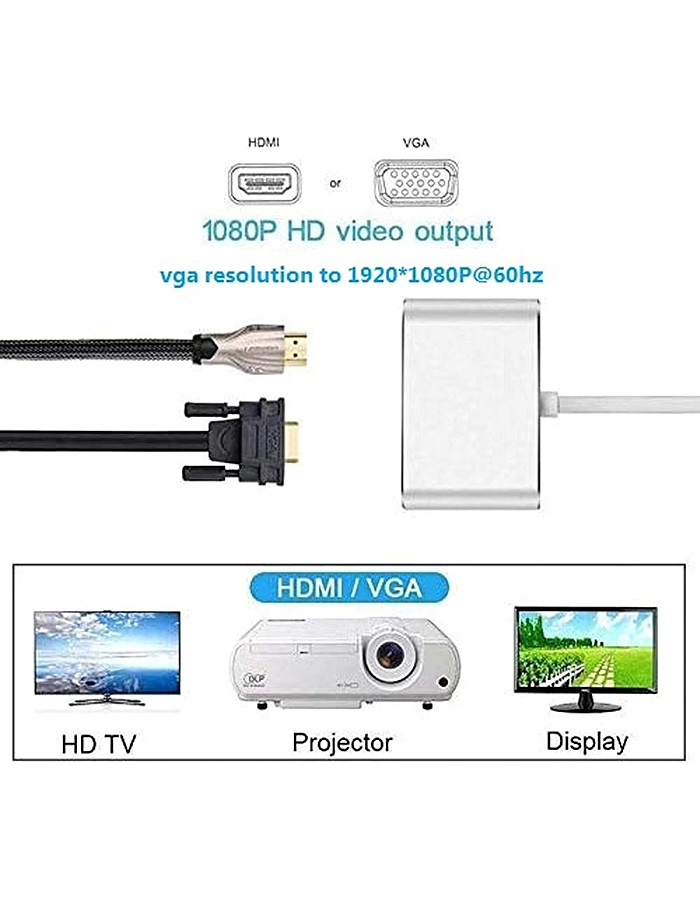 محول USB نوع سي إلى HDMI وVGA متوافق مع ثاندربولت 3 4K ماك بوك برو - كروم بيكسل - ديل XPS 13 - يوجا 910 وايباد 2018 وماك اير من يوزسيل