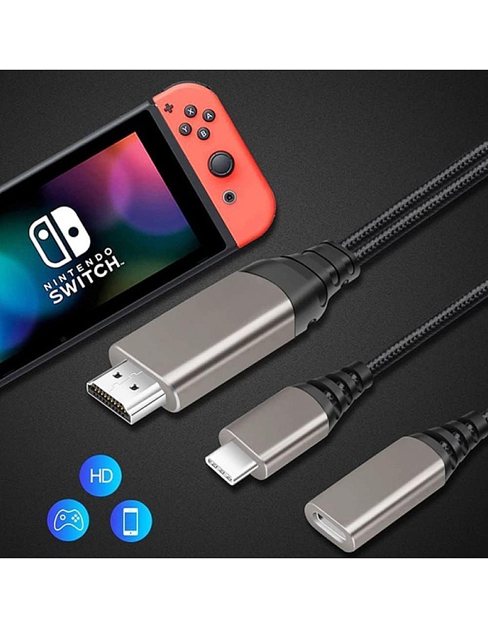 كابل HDMI للتلفزيون من ويوو اكس 10 بمنفذ Type-C الى التلفاز ويدعم نينتندو سويتش، رمادي