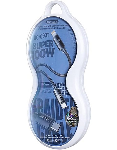 كابل شحن سريع من الالومنيوم من مجموعة كيرولا من ريماكس Rc-093C بقوة 100 واط، 2 في 1، (نوع C مع اضاءة) بطول 1 متر، لون ازرق