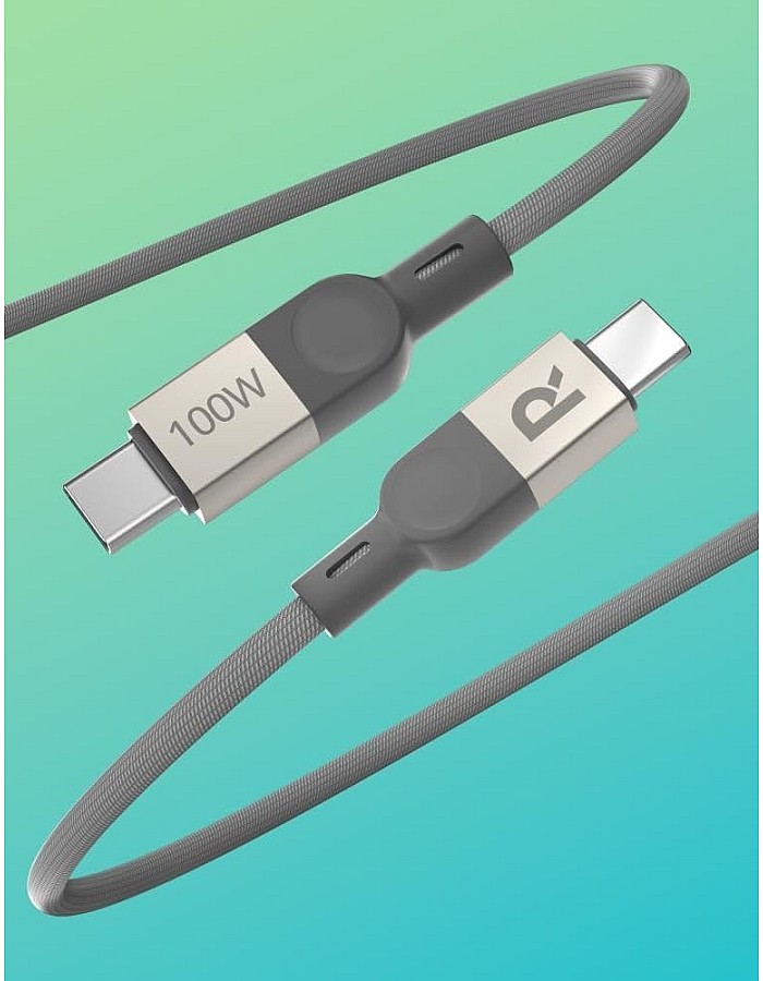 كابل شحن سريع مغناطيسي بتصميم مضفر بقدرة 100 وات من USB من النوع سي إلى USB من النوع سي، لون رمادي، طول 1.2 متر، موديل RP-CB1039 من راف باور