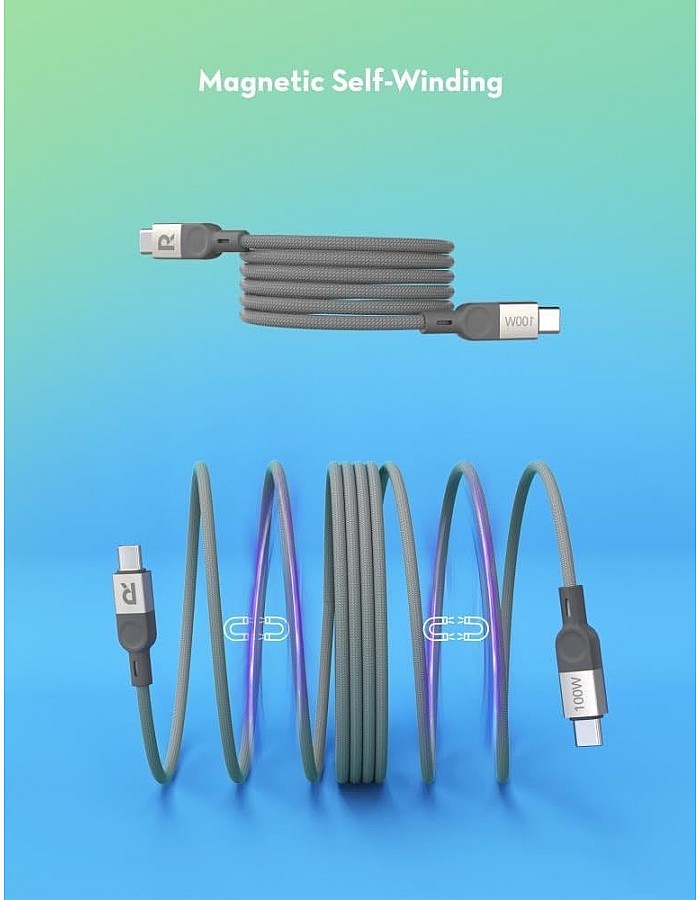 كابل شحن سريع مغناطيسي بتصميم مضفر بقدرة 100 وات من USB من النوع سي إلى USB من النوع سي، لون رمادي، طول 1.2 متر، موديل RP-CB1039 من راف باور