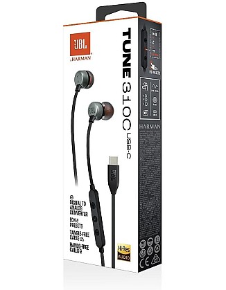 سماعات اذن TUNE310C بمنفذ USB نوع C من جيه بي ال، محول رقمي تناظري مدمج 96 كيلو هرتز/24 بت / 3 ازرار للتحكم عن بعد مع ميكروفون للاتصال/كيبل مسطح، 3 ان