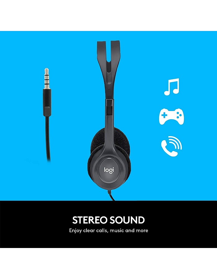 Logitech H111 Wired Headset, Stereo Headphones with Noise-Cancelling Microphone, 3.5 mm Audio Jack, PC/Mac/Laptop/Smartphone/Tablet - Black
