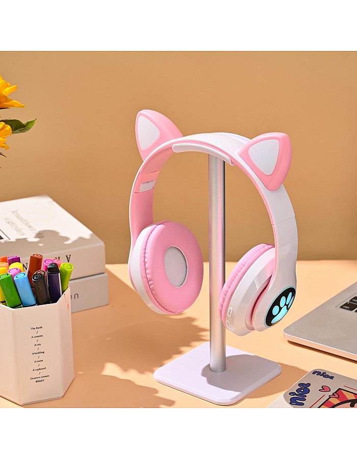 OHAANYY Bluetooth Headphones for Children, Foldable Cat Headphones with LED Flash Lights Glow Lights, Kids Bluetooth 5.0 with Microphone and Volume Control, Card Slot for PC/Tablets/TV (Pink)