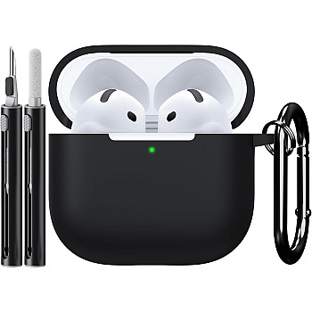 Sounce Case Cover for Apple Airpods 4th Generation Case Cover(2024), Supports Wireless Charging, Silicone Case with Cleaner Kit & Keychain Compatible with Airpods 4 case for Women, Men(Black)
