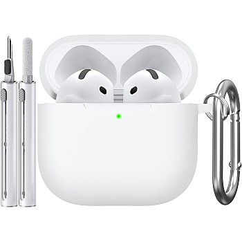Sounce Case Cover for Apple Airpods 4th Generation Case Cover(2024), Supports Wireless Charging, Silicone Case with Cleaner Kit & Keychain Compatible with Airpods 4 case for Women, Men(White)