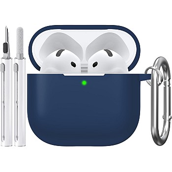 Sounce Case Cover for Apple Airpods 4th Generation Case Cover(2024), Supports Wireless Charging, Silicone Case with Cleaner Kit & Keychain Compatible with Airpods 4 case for Women, Men(Midnight Blue)