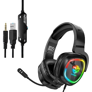 Wired Gaming Stereo Headset with RGB Light, Headphones Over Ear with Mic, 3.5Mm Aux, Volume Control, Compatible with PS5, PS4, Laptops, Smartphone, PC, Mac Nintendo Switch (S22, Black)
