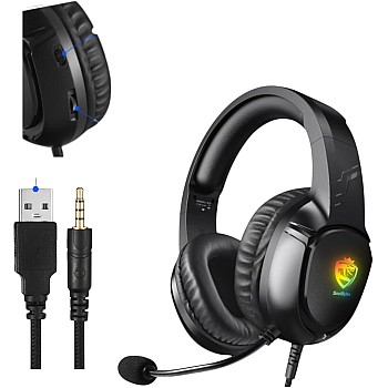 Wired Gaming Stereo Headset with RGB Light, Headphones Over Ear with Mic, 3.5Mm Aux, Volume Control, Compatible with PS5, PS4, Laptops, Smartphone, PC, Mac Nintendo Switch (S20, Black)
