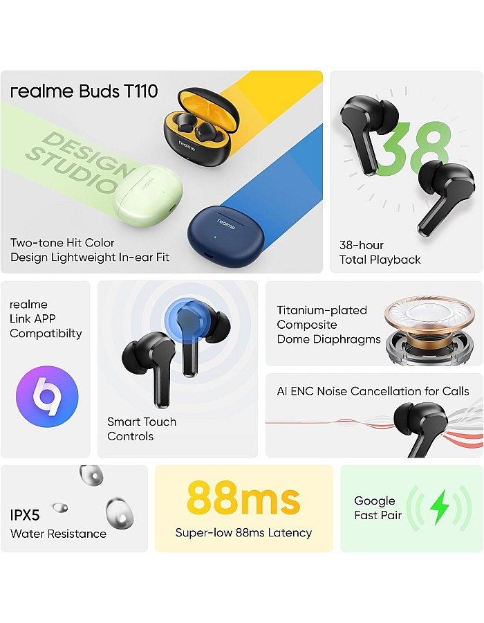 realme Buds T110 with AI ENC for Calls, Upto 38 Hours of Playback and Fast Charging Bluetooth Headset (Punk Black, True Wireless)