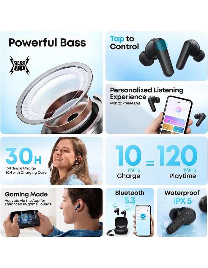 soundcore by Anker R50i VI True Wireless Earbuds, 10mm Drivers with Big Bass, Bluetooth 5.3, 30H Long Playtime, Water-Resistant, 2 Mics for AI Clear Calls, (Blue) - 18 Months Warranty
