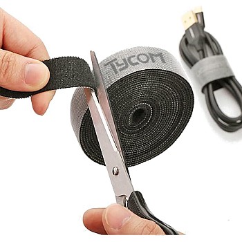 Tycom cable tidy management, fastening tape sticky strips hook loop reusable and flexible wire ties cable organizer for computer, tv, power and other cables - black 5meter
