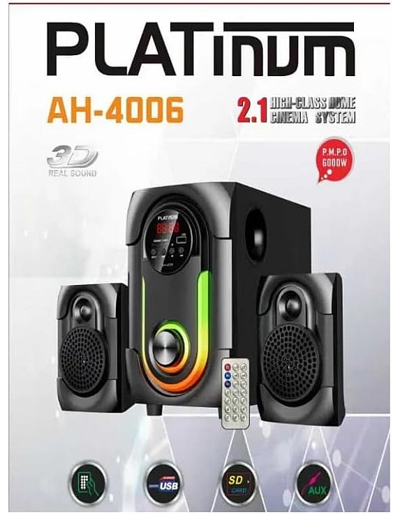 نظام مكبر صوت مضخم صوت منزلي 2.1 قناة مع بلوتوث وUSB وبطاقة SD ومدخل AUX وجهاز تحكم عن بعد، 3 وحدات - موديل AH-4006