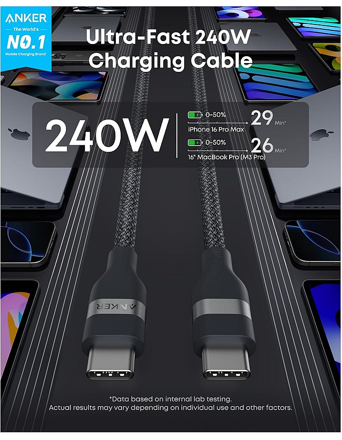 كابل USB نوع C من انكر سلك مضفر معاد تدويره 240 وات 1.8 متر بمنفذ إلى شحن سريع النوع لايفون 15 - برو بلس ماكس وماك بوك وايباد اير 4 وجالاكسي S23 والم