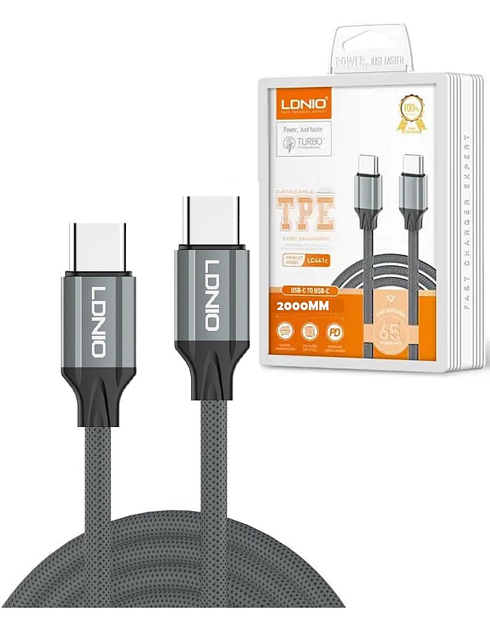LDNIO LC442C Type-C to Type-C Cable 2M – 65W Fast Charging, Data Transfer, Durable Braided Cord for Smartphones, Laptops & Tablets – Gray