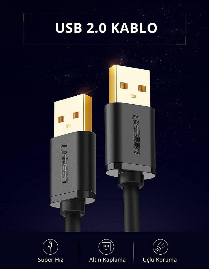 UGREEN USB 2.0 A Male Nickel-Plated Data Charger Cable with 480Mbps Transfer Speed, 1M - Black